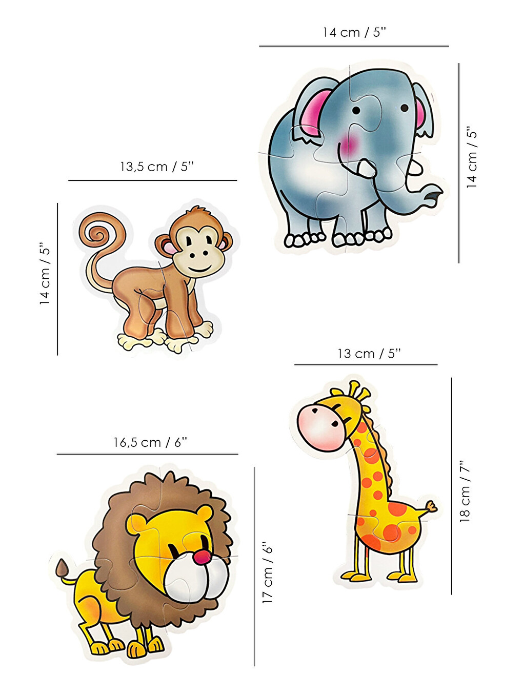13 Parça Hayvan Figürlü Puzzle Seti - Aslan Fil Zürafa Maymun Şekilli 2-3 Yaş Eğitici Yapboz-3