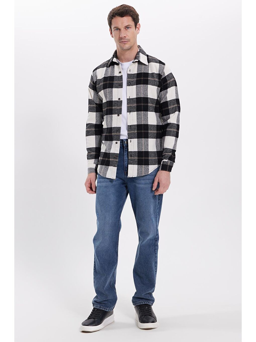 Beyaz Erkek Slim Fit Dar Kesim Kareli Kışlık Oduncu Gömlek-2