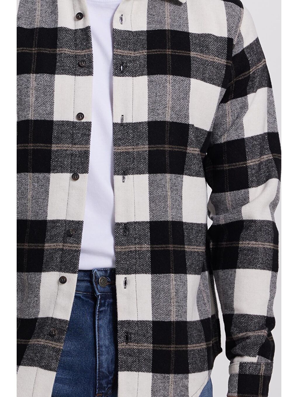 Beyaz Erkek Slim Fit Dar Kesim Kareli Kışlık Oduncu Gömlek-3