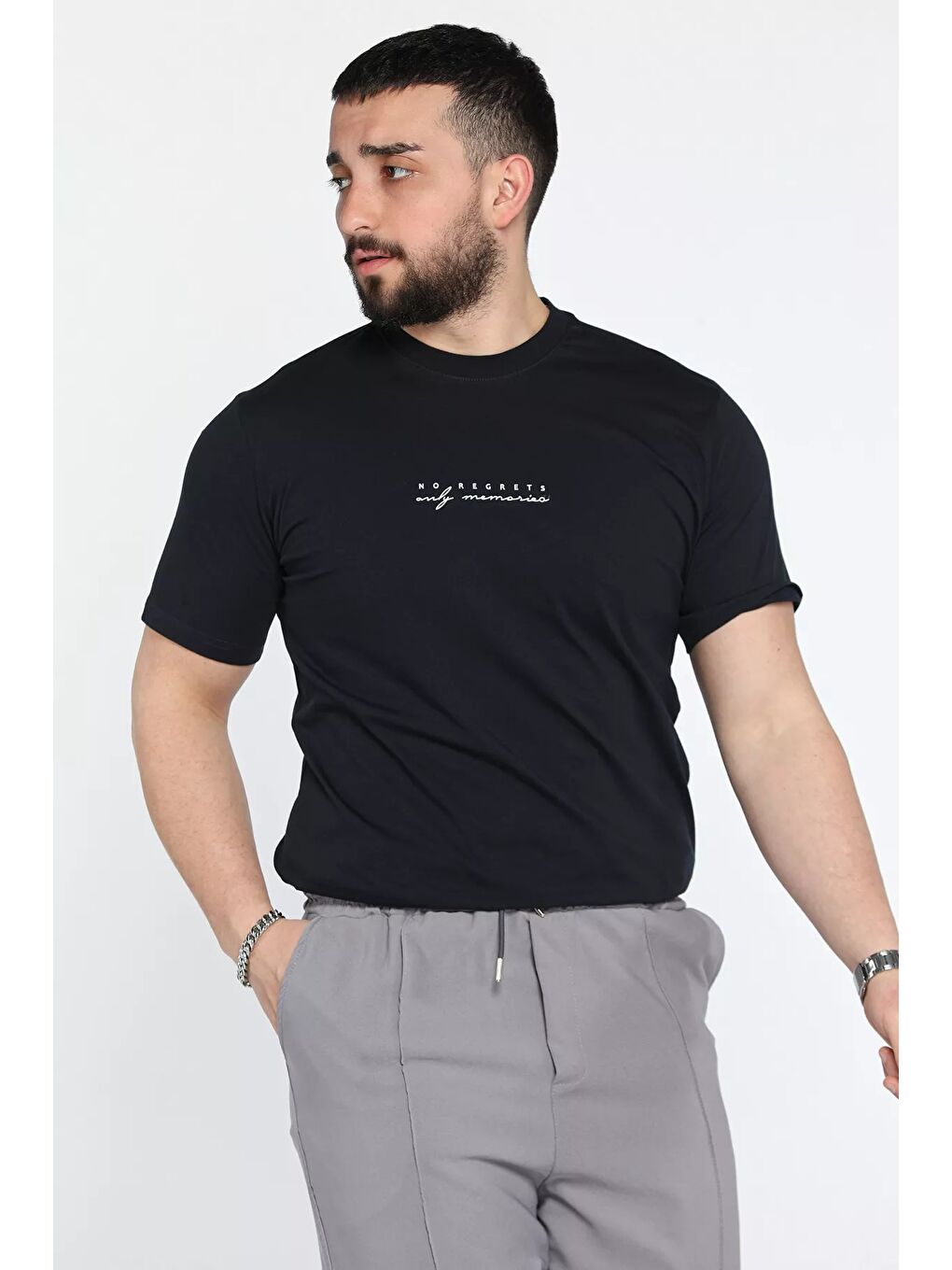 Lacivert Erkek Silikon Kabartma Yazı Baskılı Bisiklet Yaka Tişört