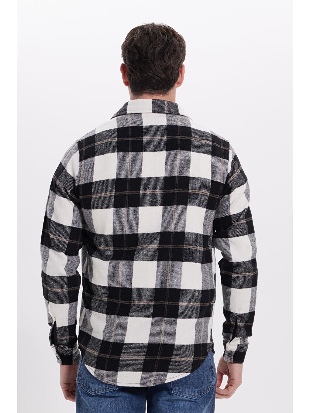 Beyaz Erkek Slim Fit Dar Kesim Kareli Kışlık Oduncu Gömlek-5