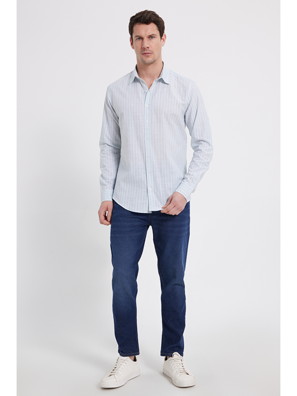 Yeşil Erkek Slim Fit Dar Kesim Uzun Kollu %100 Pamuk Keten Doku Çizgili Gömlek-1