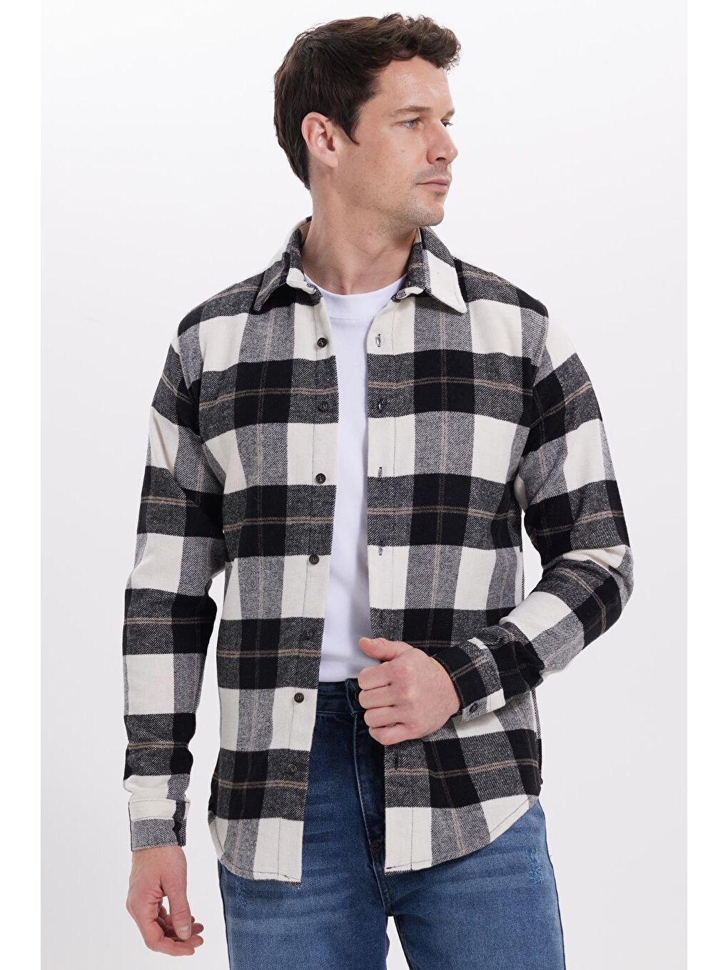 Beyaz Erkek Slim Fit Dar Kesim Kareli Kışlık Oduncu Gömlek-6