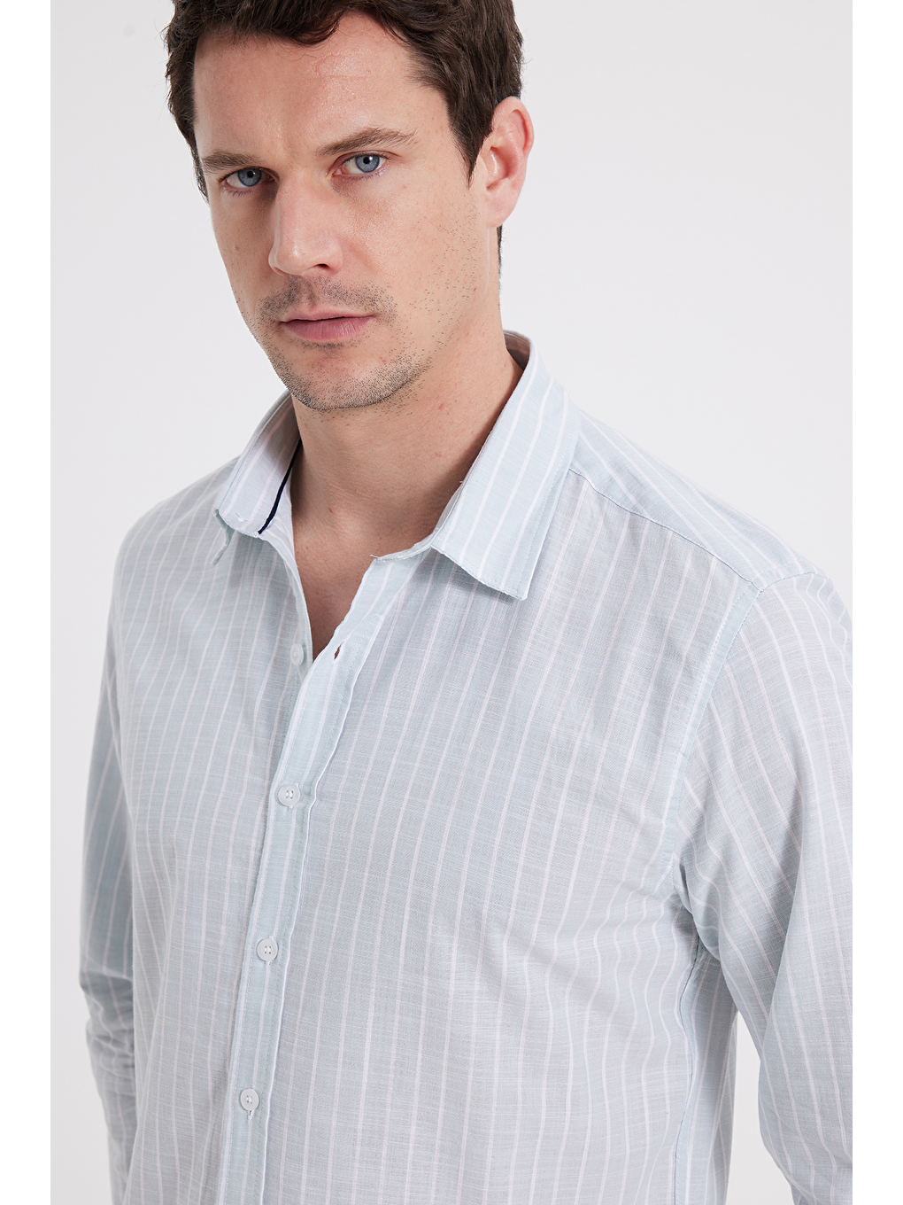 Yeşil Erkek Slim Fit Dar Kesim Uzun Kollu %100 Pamuk Keten Doku Çizgili Gömlek-2