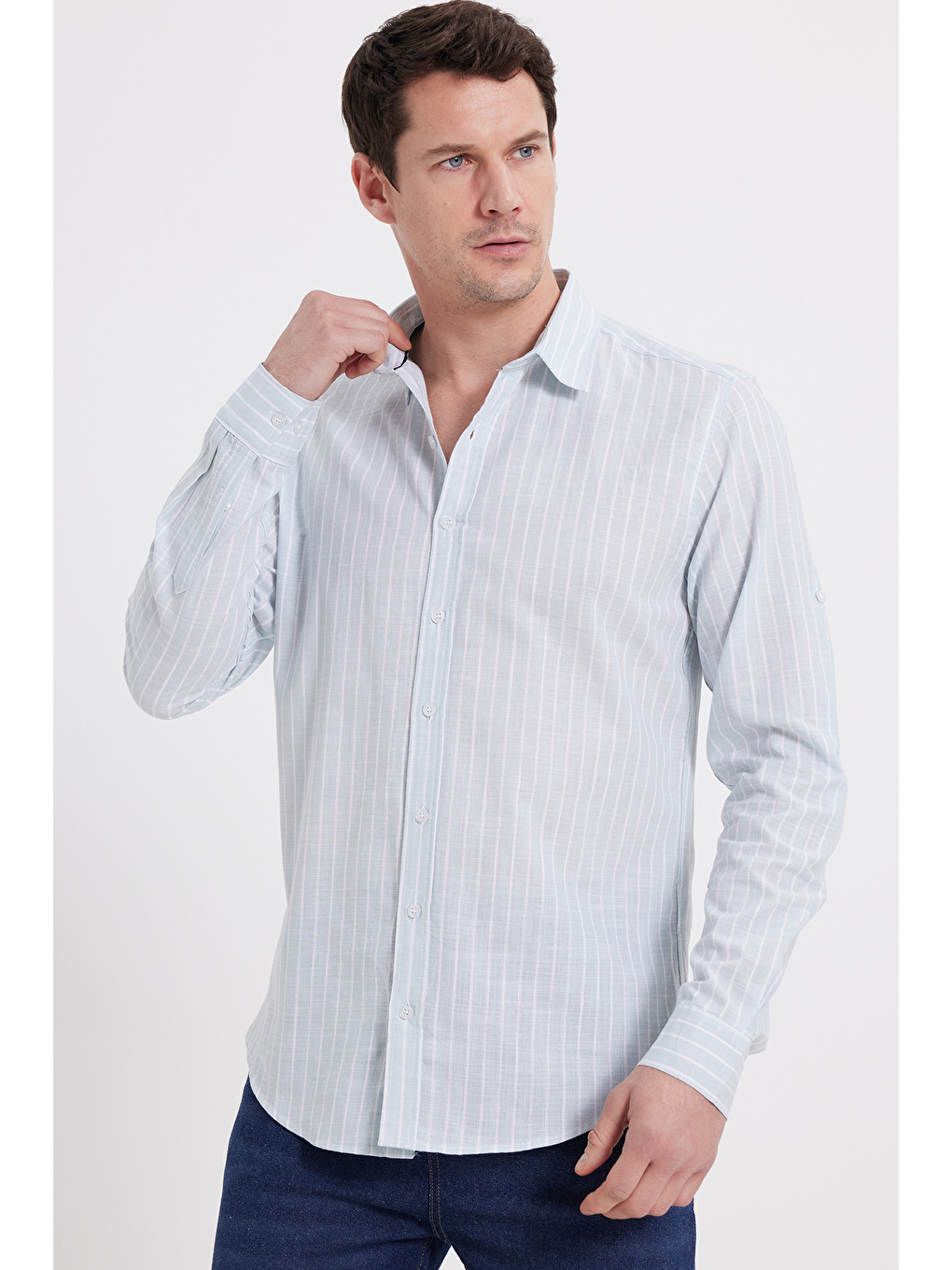 Yeşil Erkek Slim Fit Dar Kesim Uzun Kollu %100 Pamuk Keten Doku Çizgili Gömlek-3