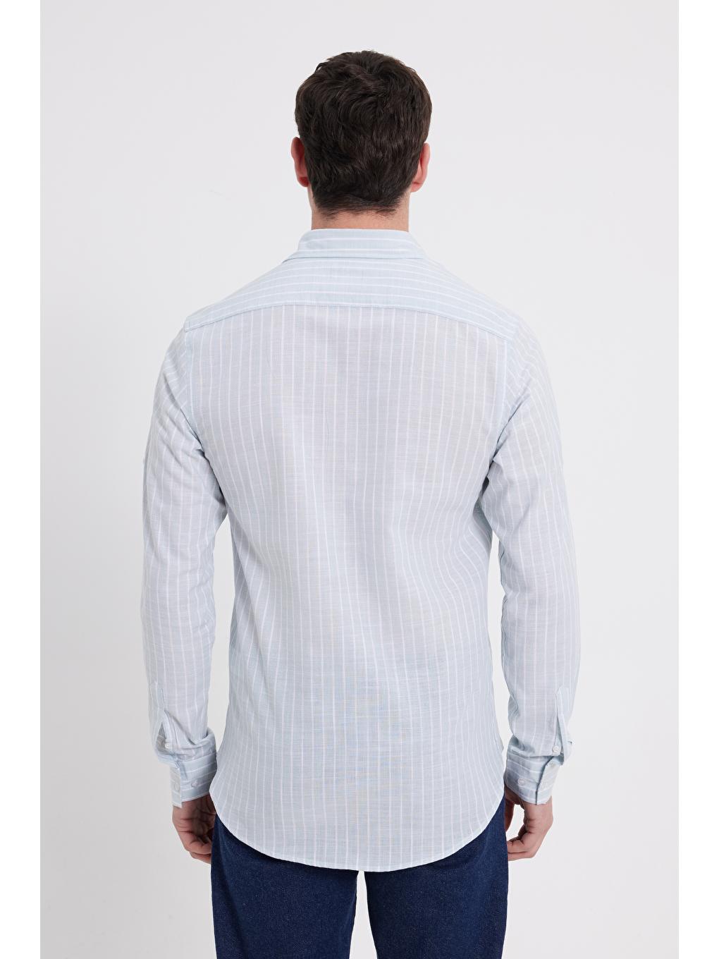 Yeşil Erkek Slim Fit Dar Kesim Uzun Kollu %100 Pamuk Keten Doku Çizgili Gömlek-5