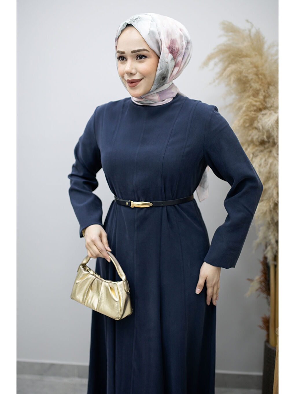 Pensli Hakim Yaka Kemerli Elbise TSD260184 Lacivert-1
