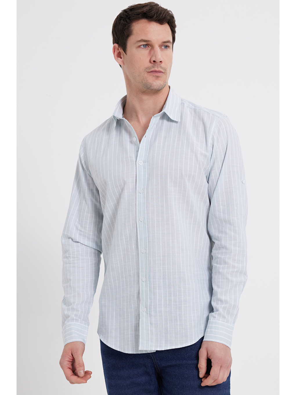 Yeşil Erkek Slim Fit Dar Kesim Uzun Kollu %100 Pamuk Keten Doku Çizgili Gömlek-6