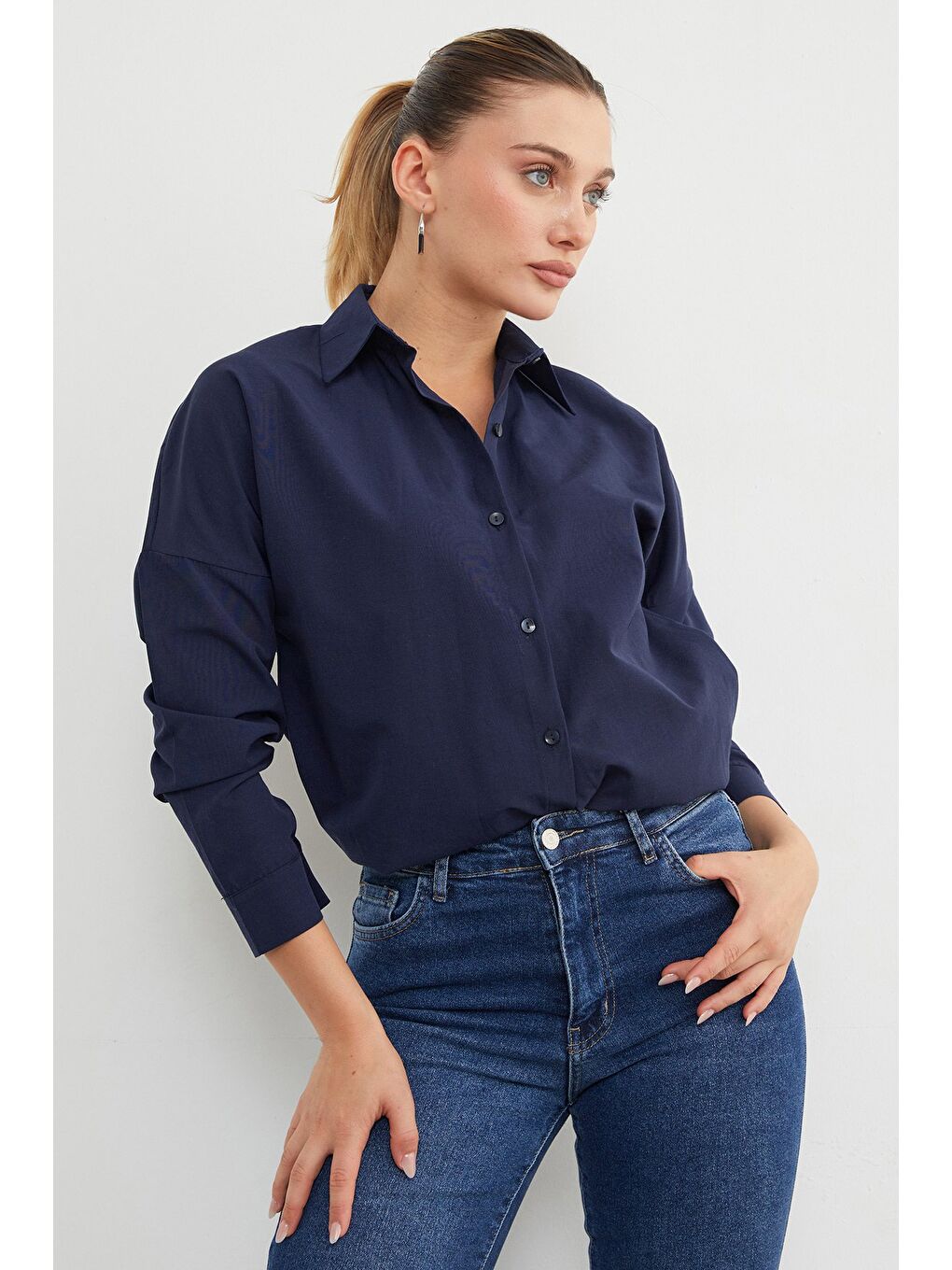 Lacivert Basic Düğmeli Gömlek-1