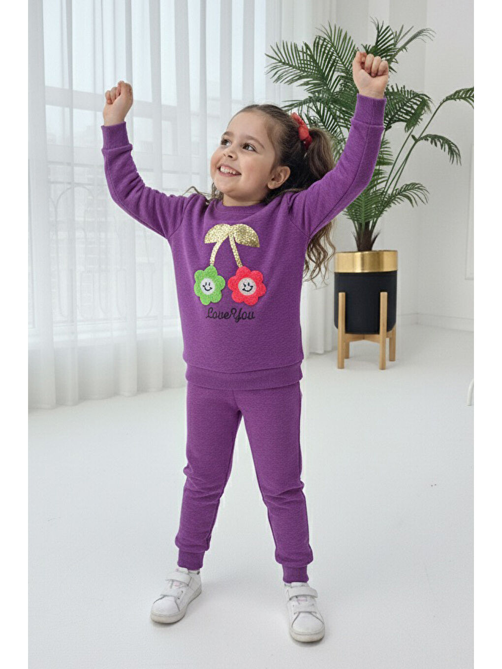 Kız Çocuk Mor Nakışlı İki İplik İkili Takım - 27973-MOR