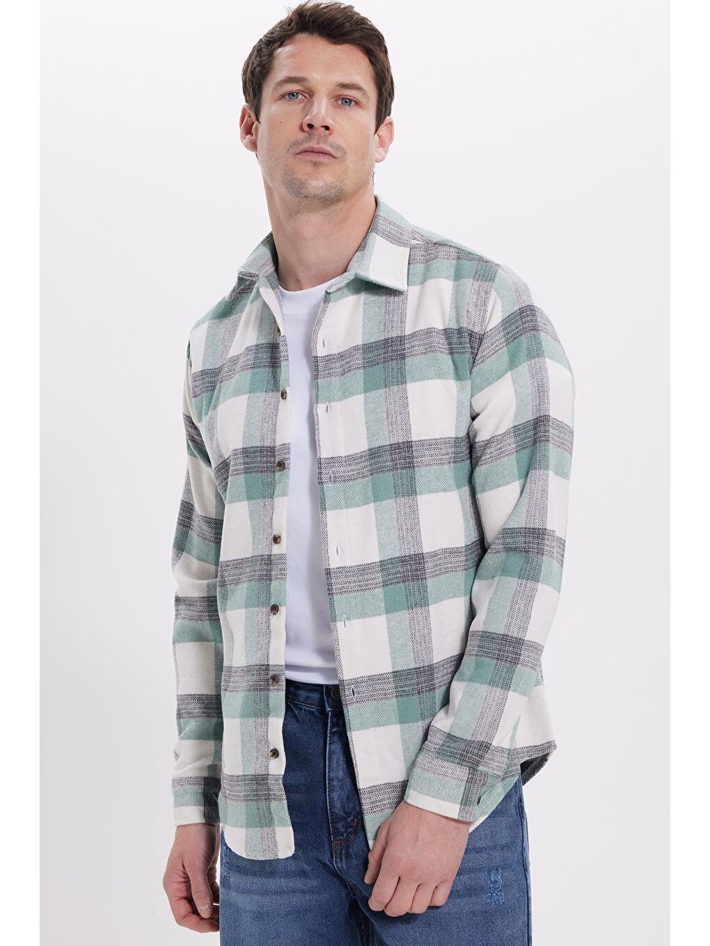 Yeşil Erkek Slim Fit Dar Kesim Kareli Kışlık Oduncu Gömlek