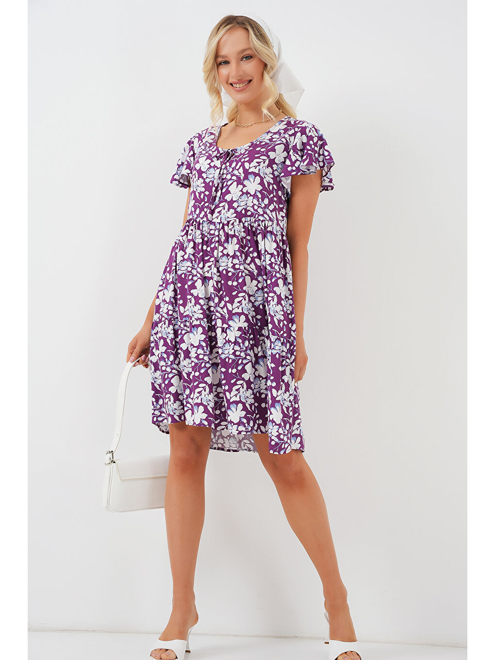 2352 V Yaka Kısa Elbise - Mor-1