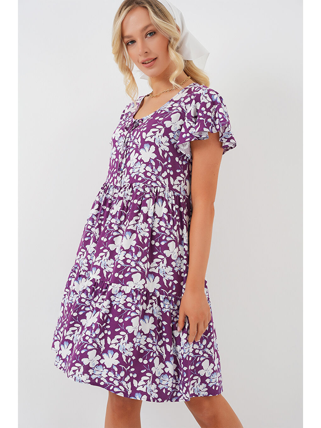 2352 V Yaka Kısa Elbise - Mor-2