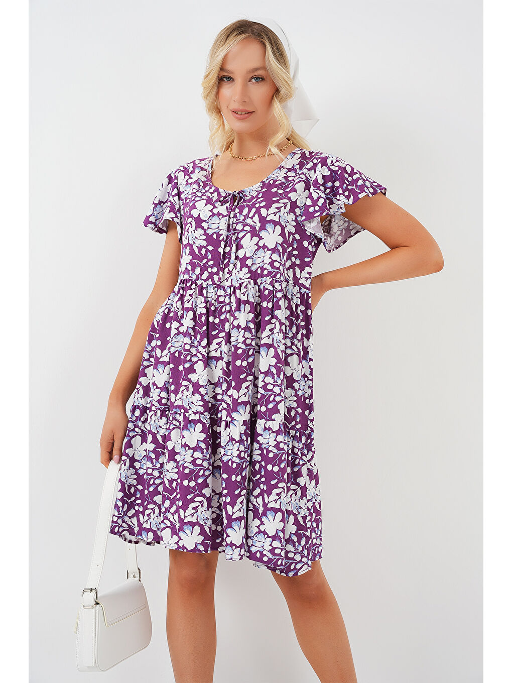 2352 V Yaka Kısa Elbise - Mor-3