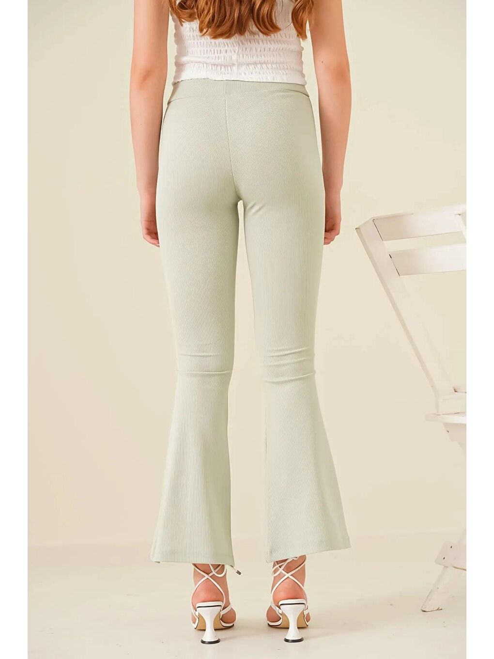 Yeşil Kadın Çağla Fitilli Yırtmaçlı Şekillendirici İspanyol Paça Likralı Örme Pantolon-4