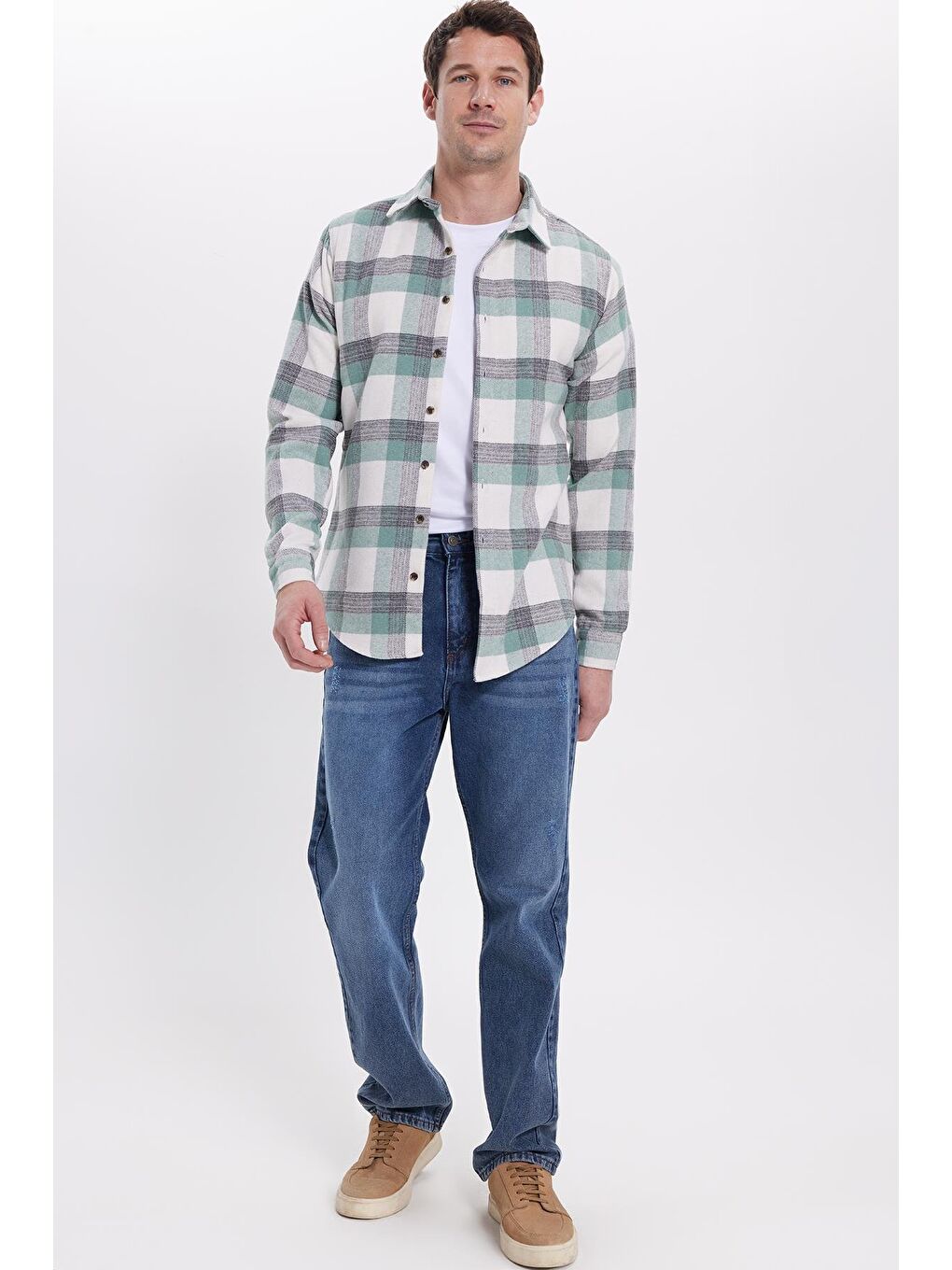 Yeşil Erkek Slim Fit Dar Kesim Kareli Kışlık Oduncu Gömlek-2