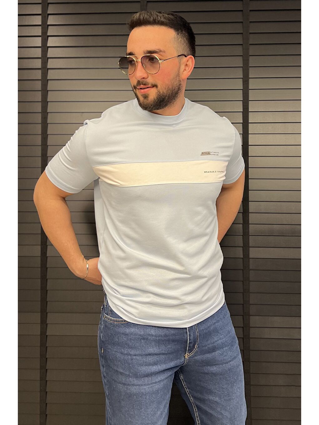 Mavi Erkek Bisiklet Yaka Baskılı Tişört-1