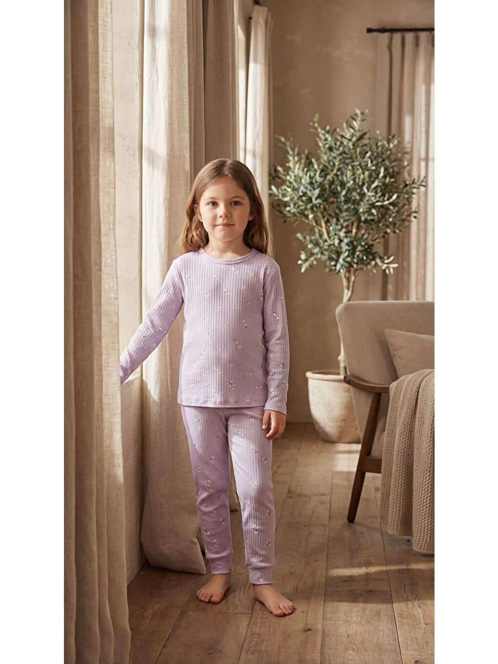 Kız Çocuk Çiçek Desenli Pijama Takımı Mor-3