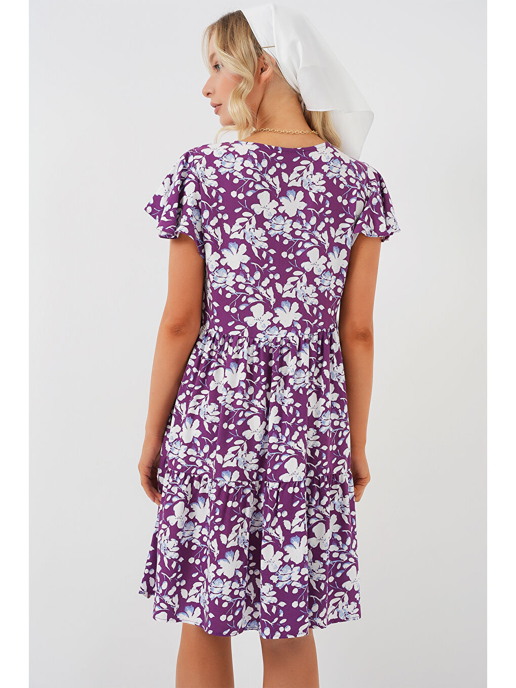 2352 V Yaka Kısa Elbise - Mor-5
