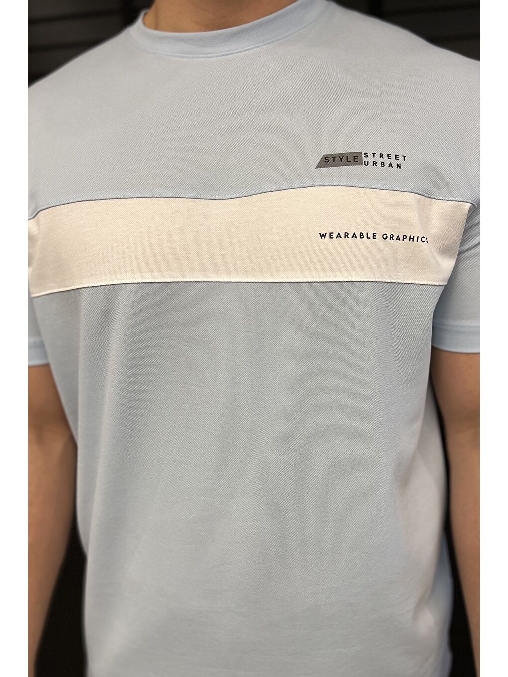 Mavi Erkek Bisiklet Yaka Baskılı Tişört-2