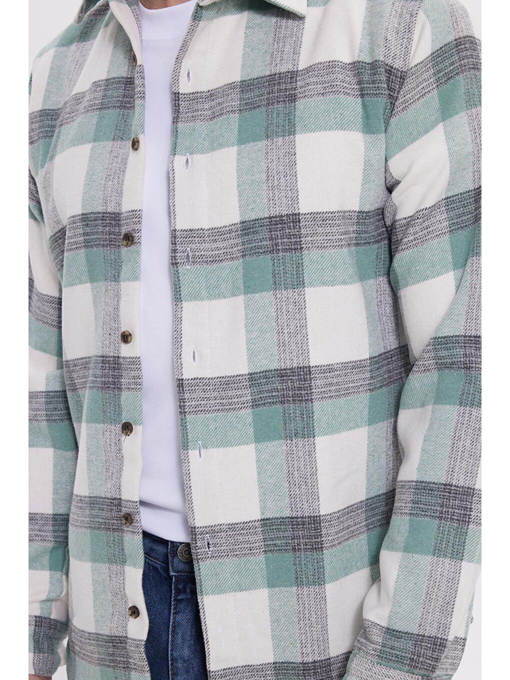 Yeşil Erkek Slim Fit Dar Kesim Kareli Kışlık Oduncu Gömlek-3