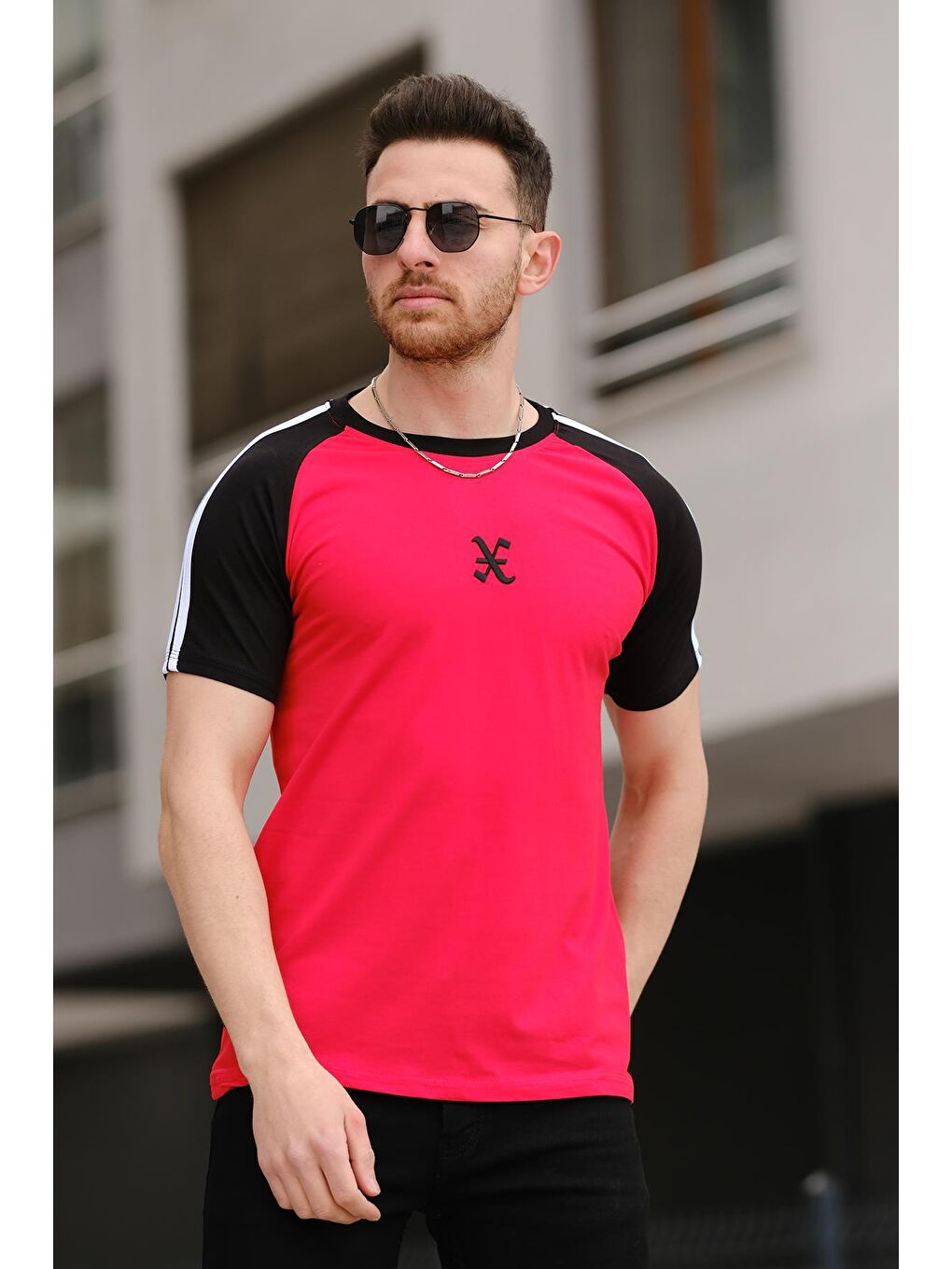 Kırmızı Slim Fit Likralı Omuz Şeritli Erkek Tişört