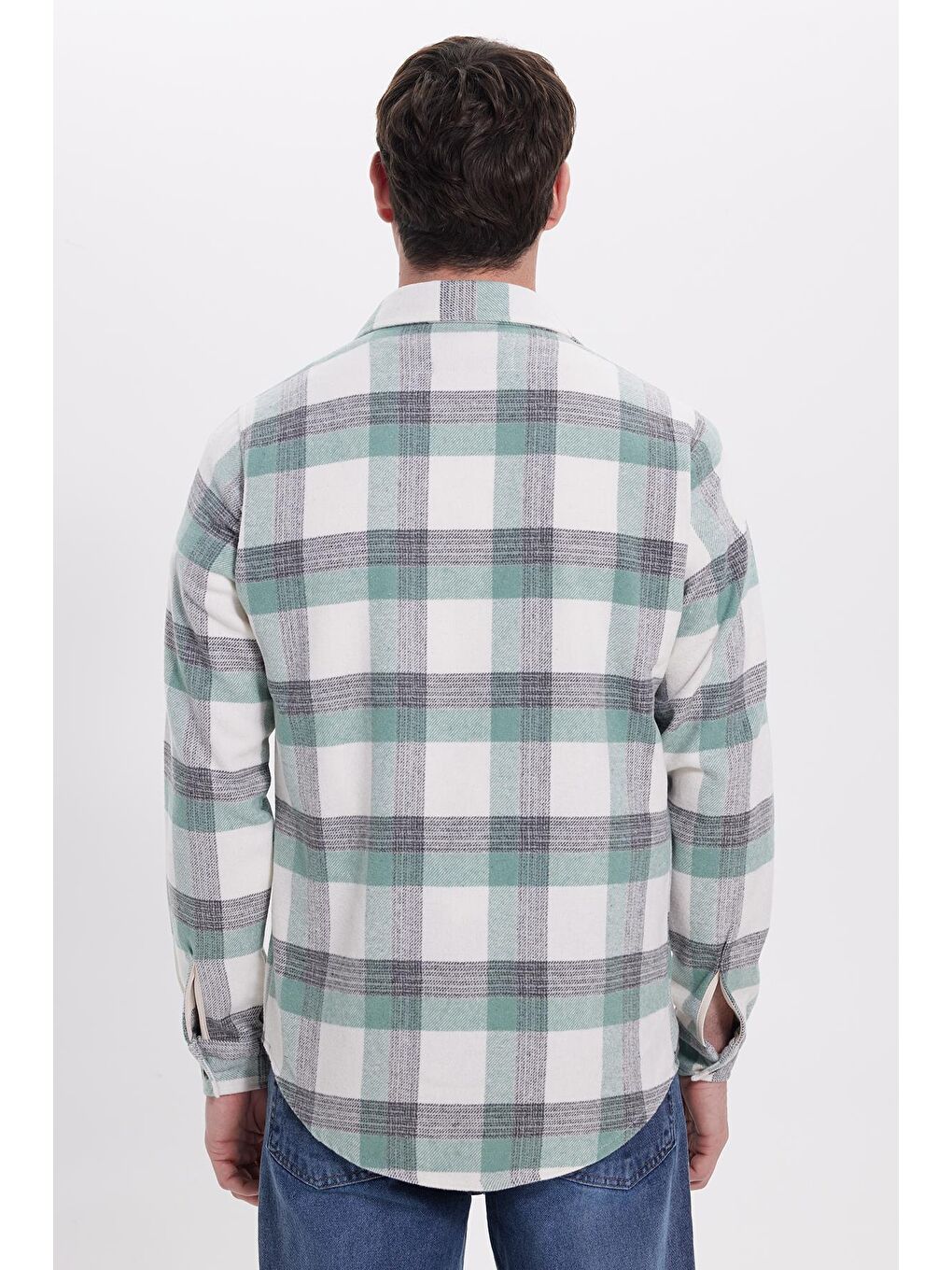 Yeşil Erkek Slim Fit Dar Kesim Kareli Kışlık Oduncu Gömlek-5