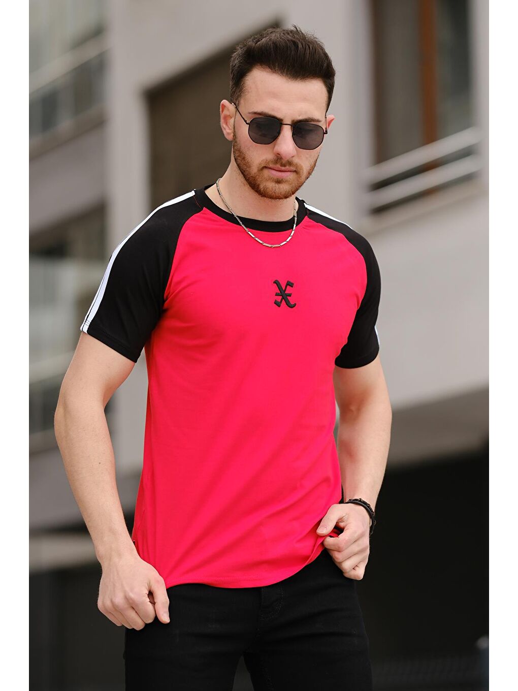 Kırmızı Slim Fit Likralı Omuz Şeritli Erkek Tişört-1