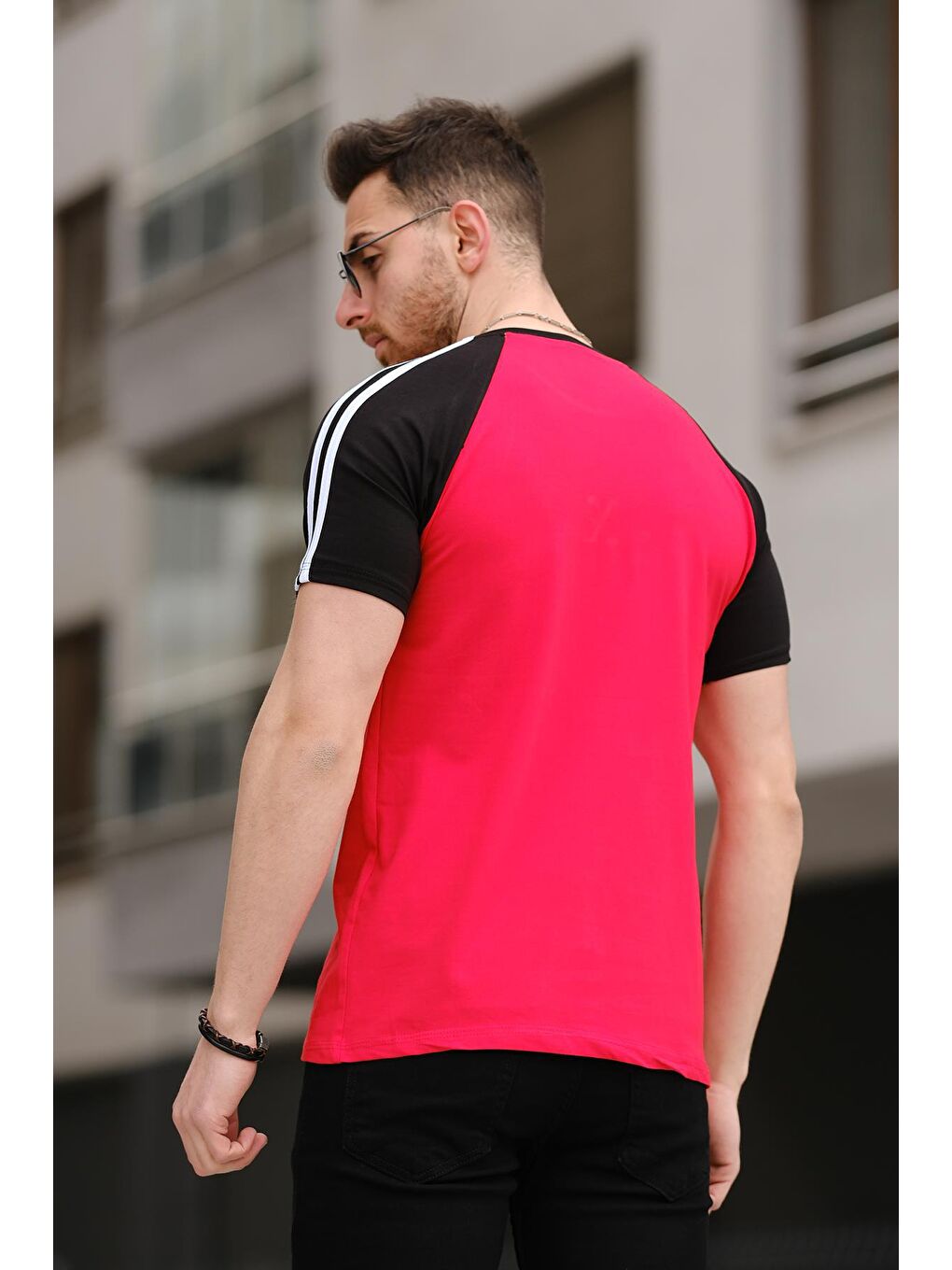 Kırmızı Slim Fit Likralı Omuz Şeritli Erkek Tişört-2