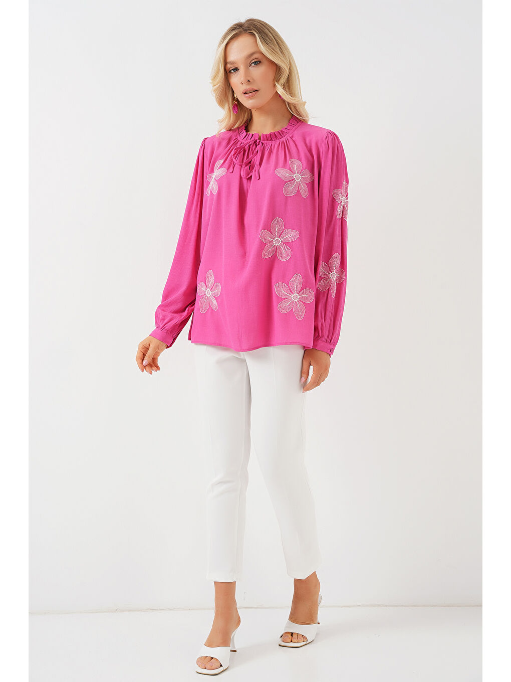 Kadın Uzun Kol Nakışlı Örme Bluz 951 - Pembe-1