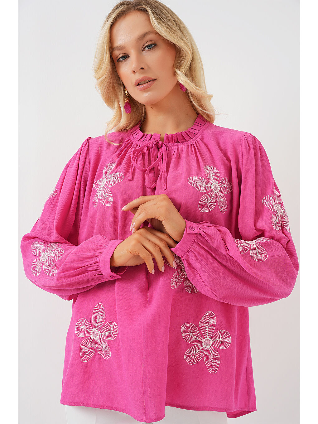 Kadın Uzun Kol Nakışlı Örme Bluz 951 - Pembe-3