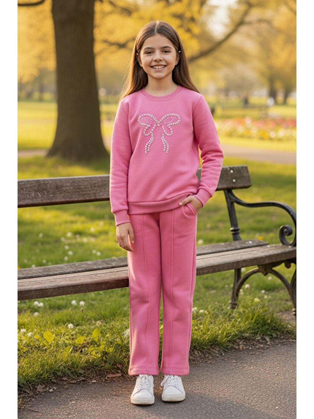 Kız Çocuk Pembe İnci Taş Detaylı Üç İplik Takım - 27957-PEMBE