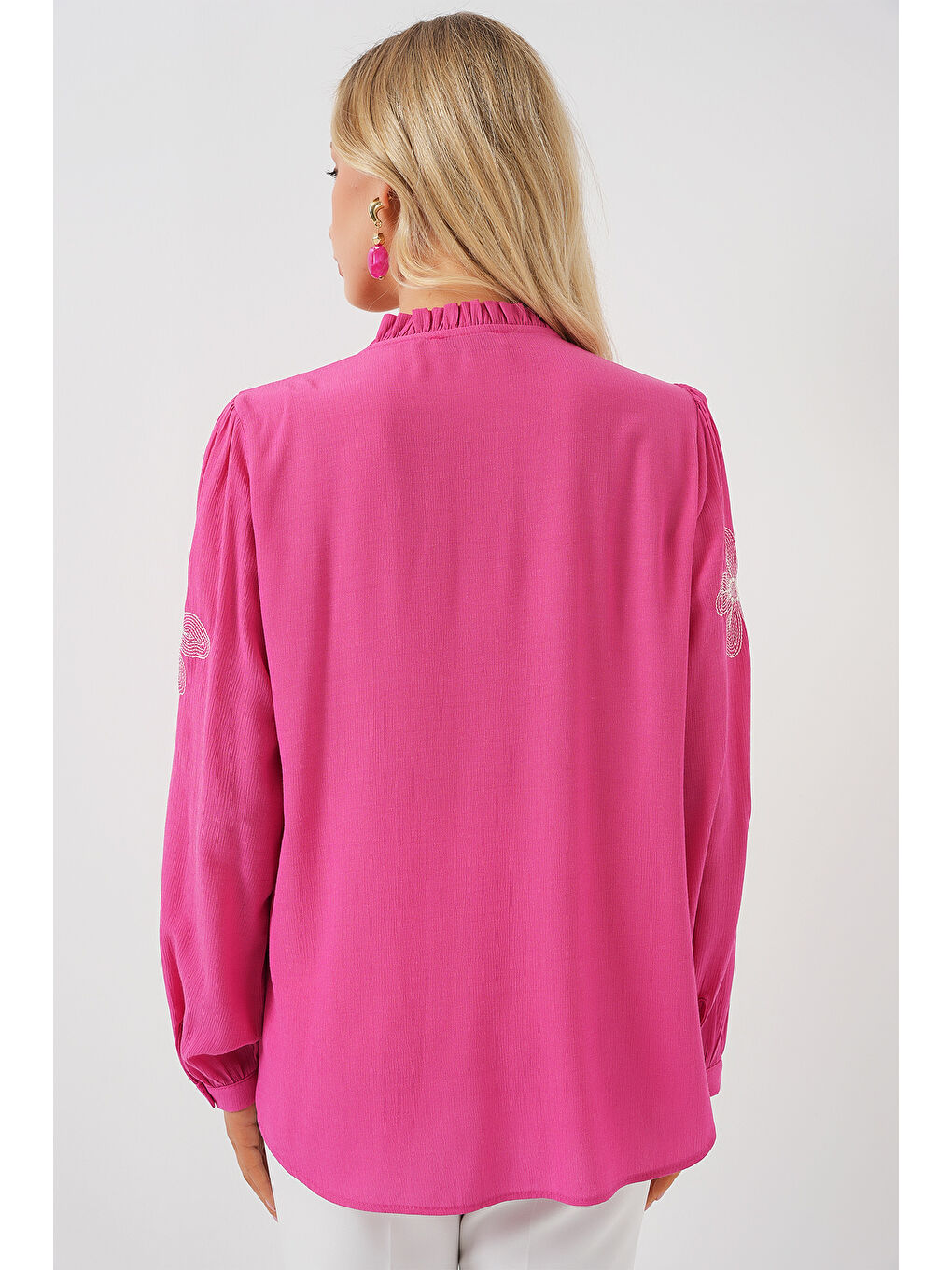 Kadın Uzun Kol Nakışlı Örme Bluz 951 - Pembe-5