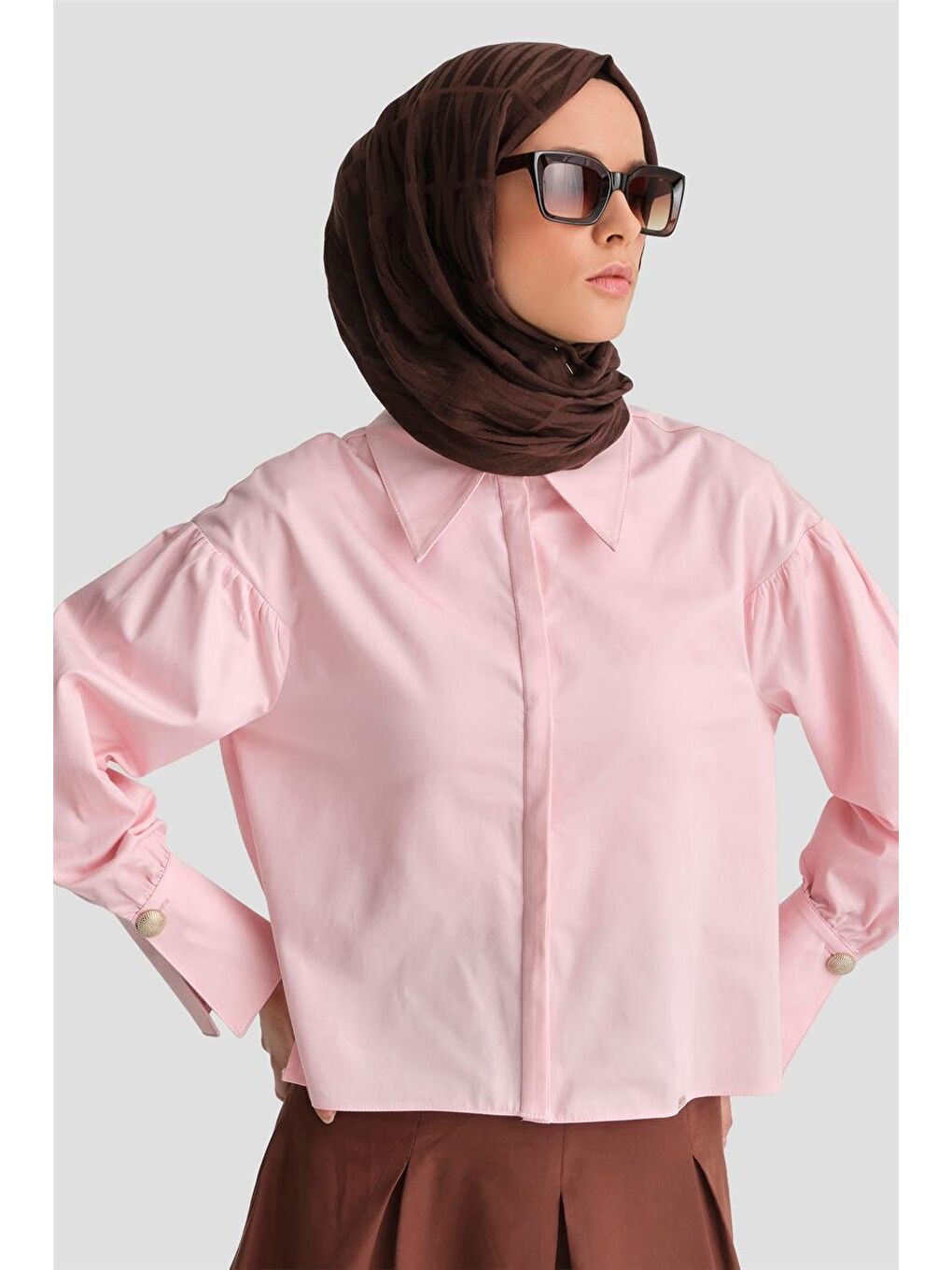 Sivri Yakalı Floş Keten Gömlek 24K3602 Pembe-2