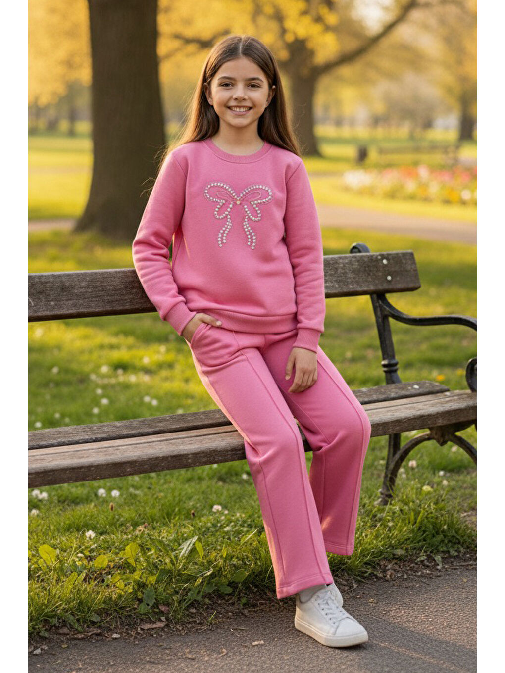 Kız Çocuk Pembe İnci Taş Detaylı Üç İplik Takım - 27957-PEMBE-1