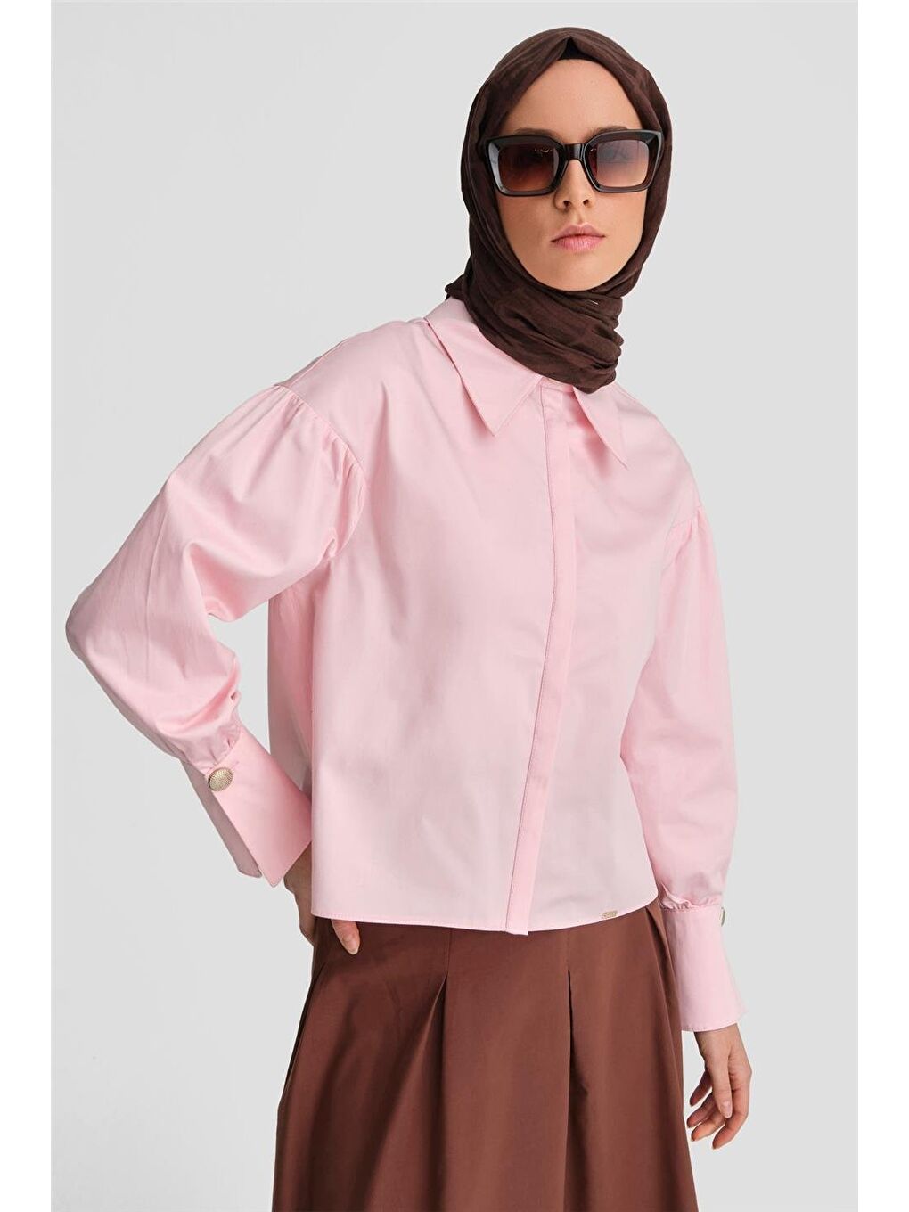 Sivri Yakalı Floş Keten Gömlek 24K3602 Pembe-3