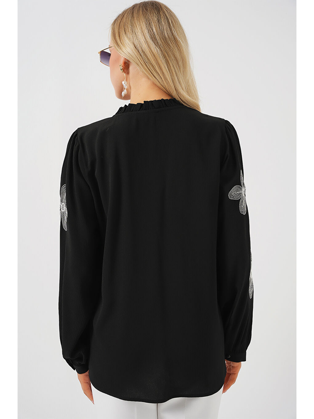 Kadın Uzun Kol Nakışlı Örme Bluz 951 - Siyah-5