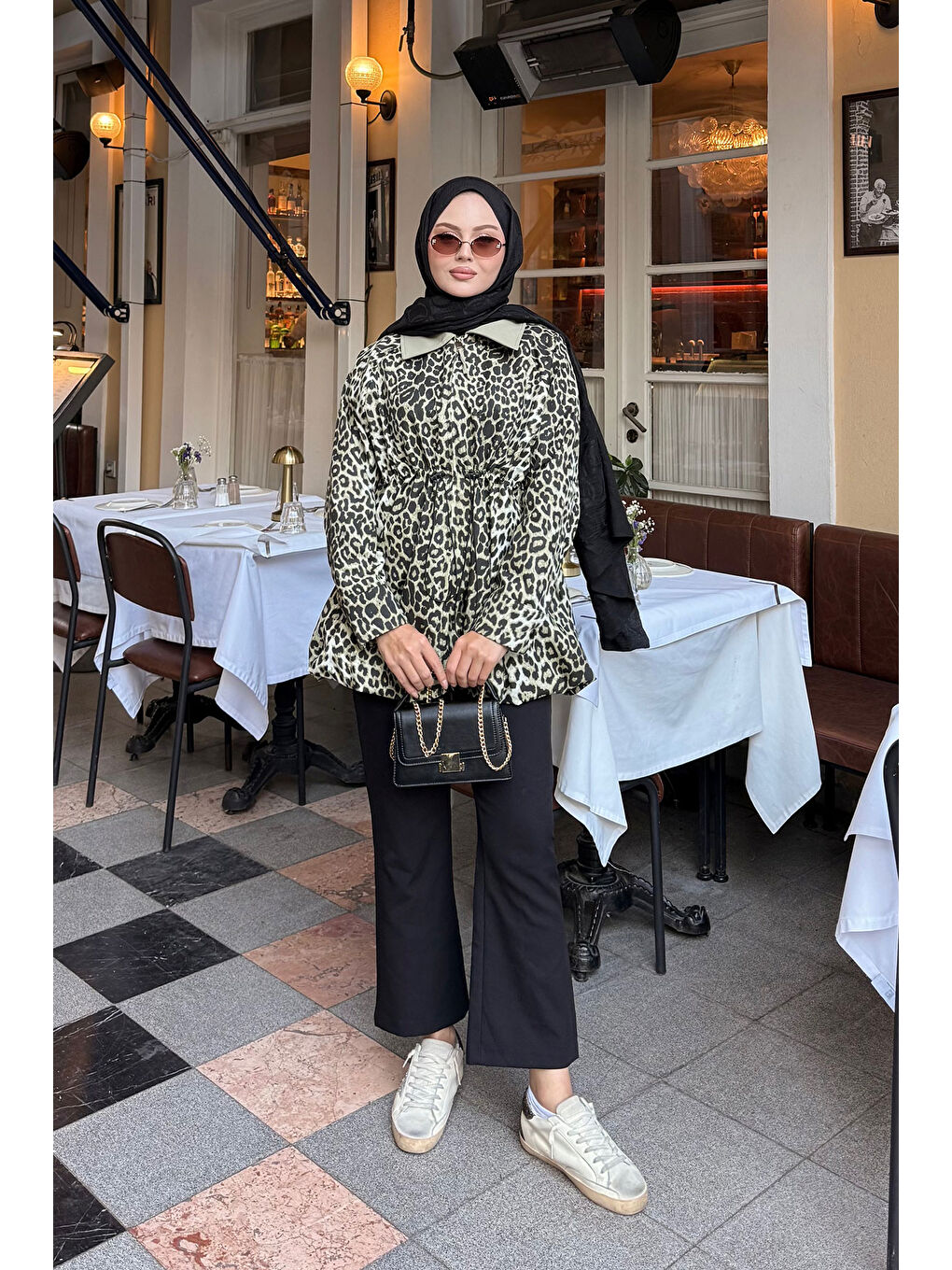 Kadın Leopar Desenli Fermuarlı Trenç Yeşil-1