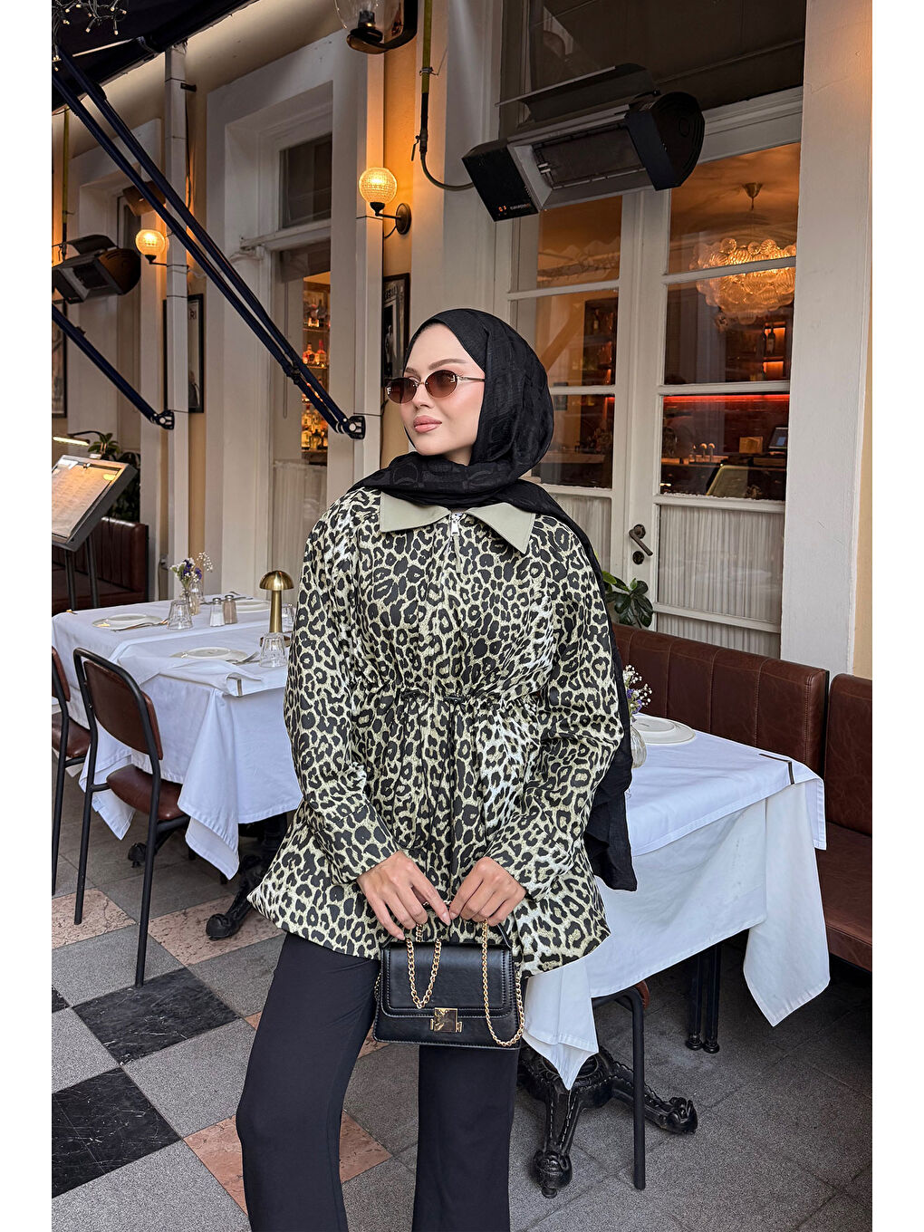 Kadın Leopar Desenli Fermuarlı Trenç Yeşil-2