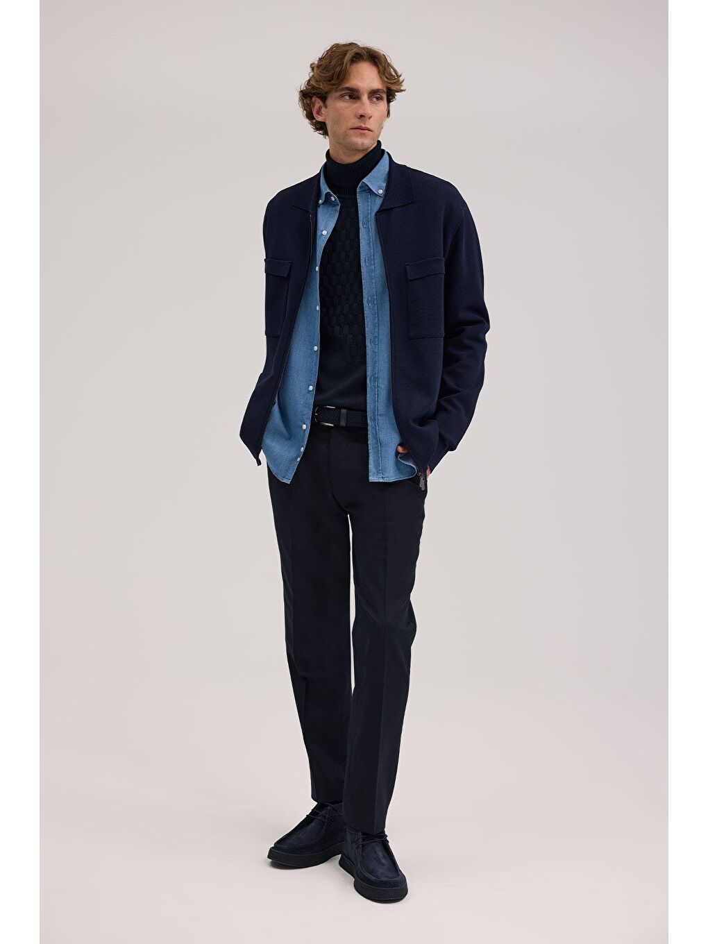 Lacivert Slim Fit Bebe Yaka Fermuarlı Cepli Rayon Triko Ceket-1