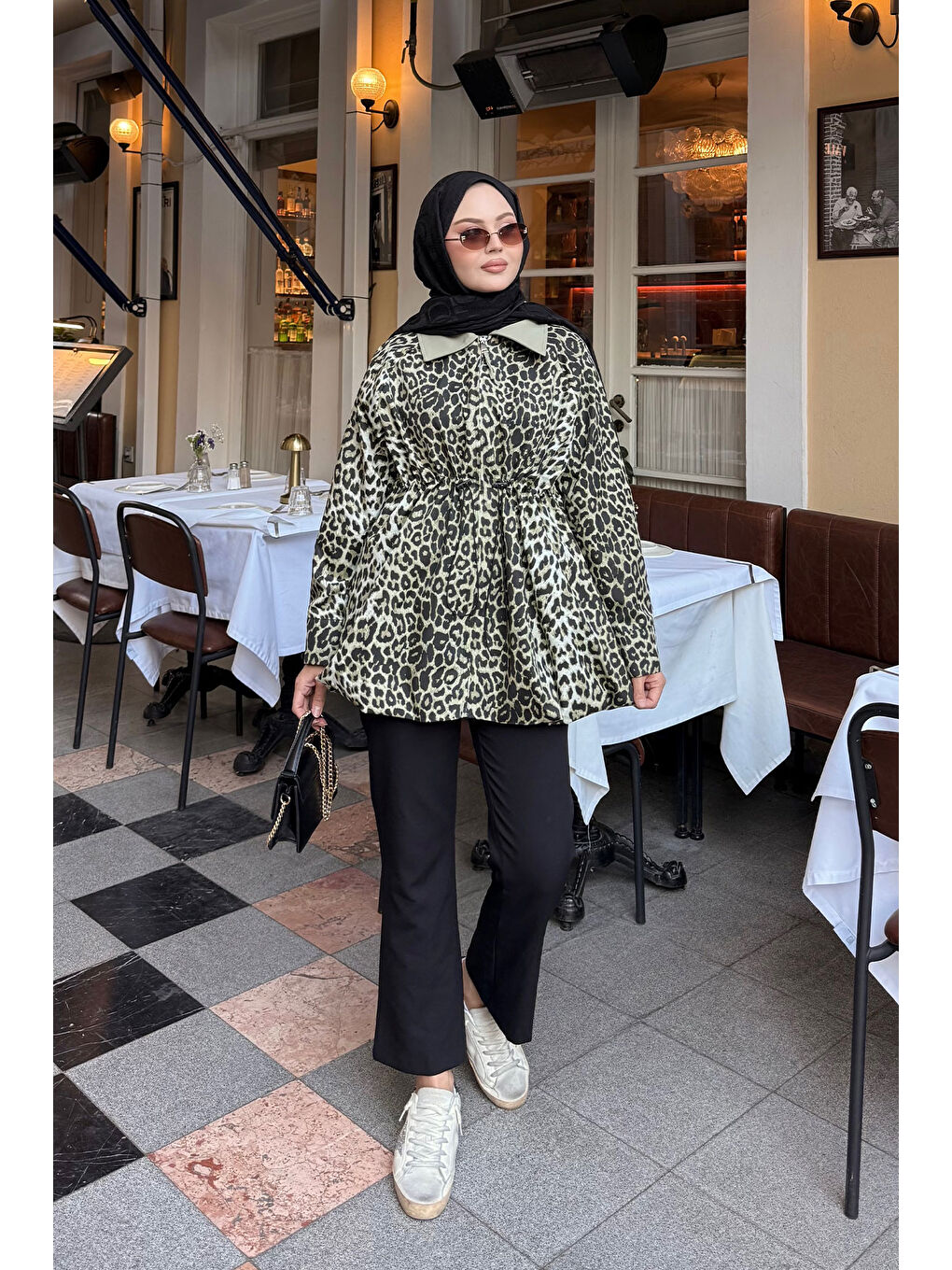 Kadın Leopar Desenli Fermuarlı Trenç Yeşil-3