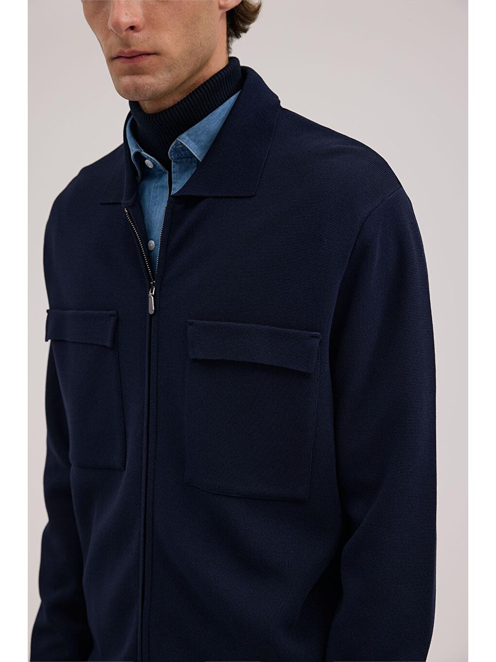 Lacivert Slim Fit Bebe Yaka Fermuarlı Cepli Rayon Triko Ceket-2