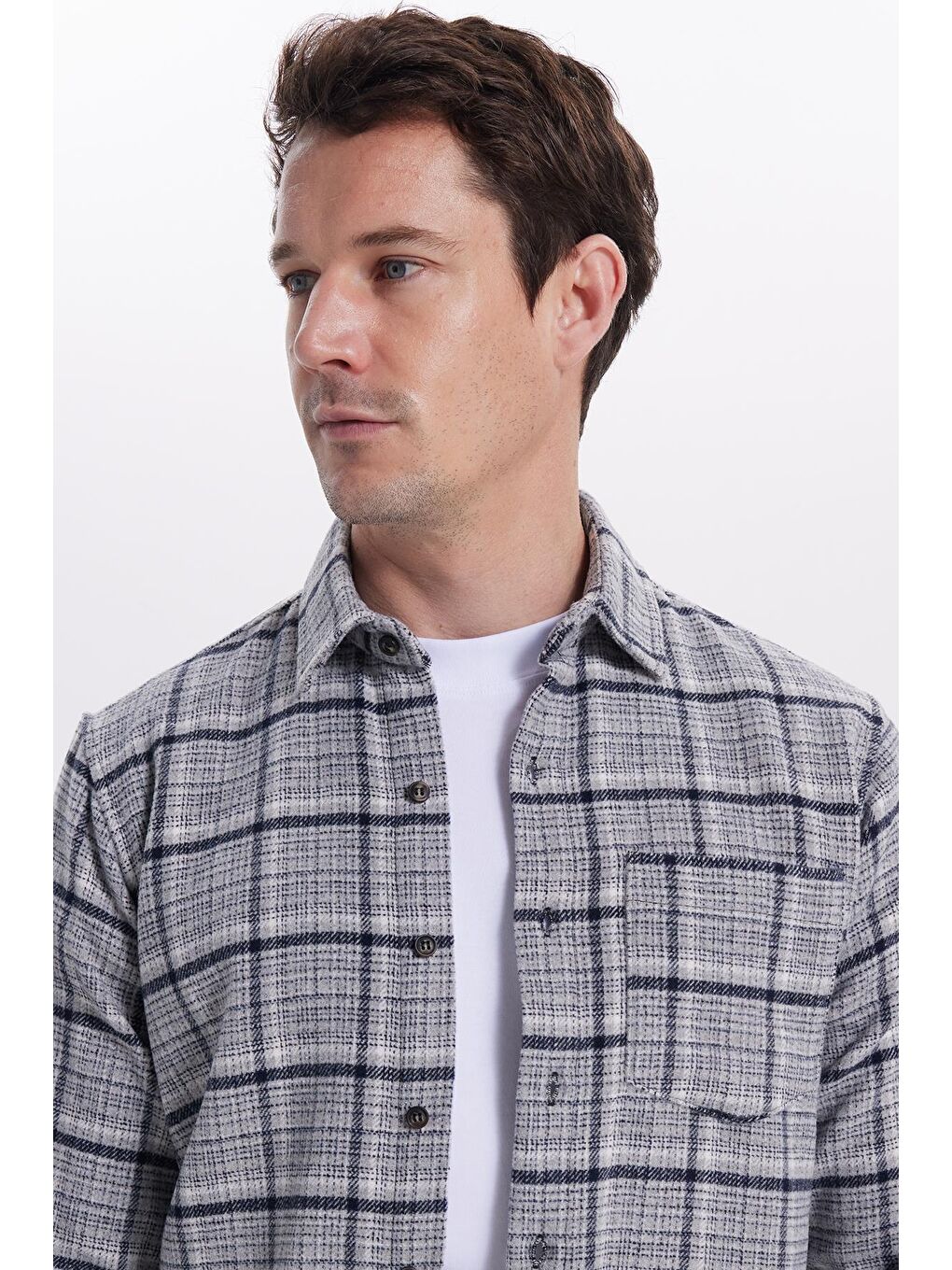 Gri Erkek Regular Fit Rahat Kesim Kışlık Kareli Oduncu Gömlek-1