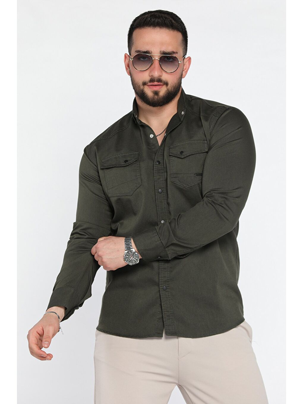 Haki Erkek Cepli Çıtçıtlı Uzun Kol Gömlek-1