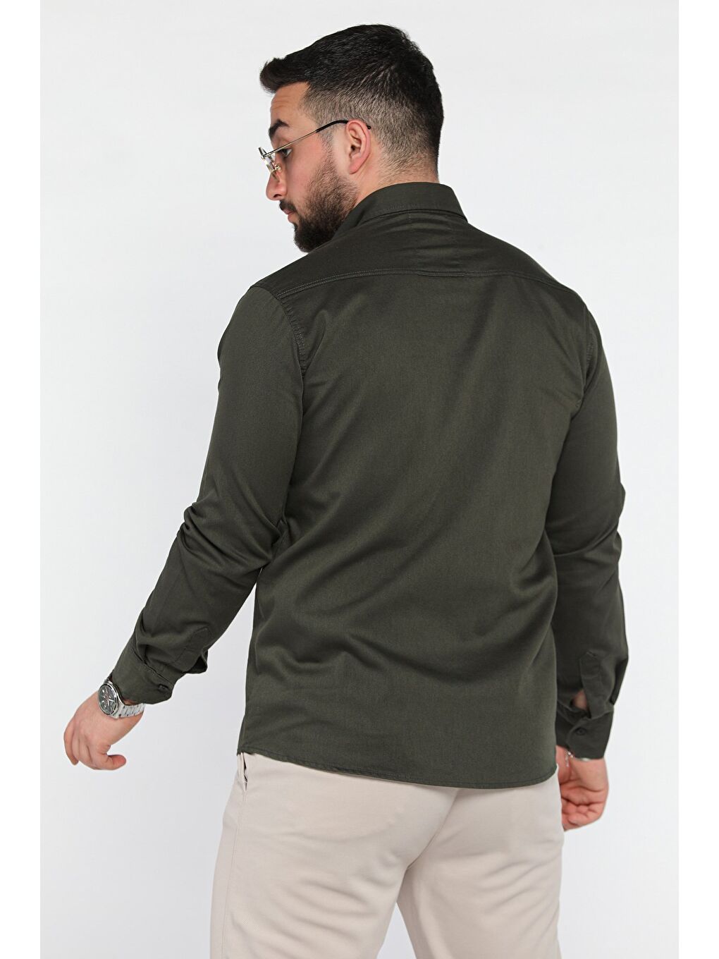 Haki Erkek Cepli Çıtçıtlı Uzun Kol Gömlek-2