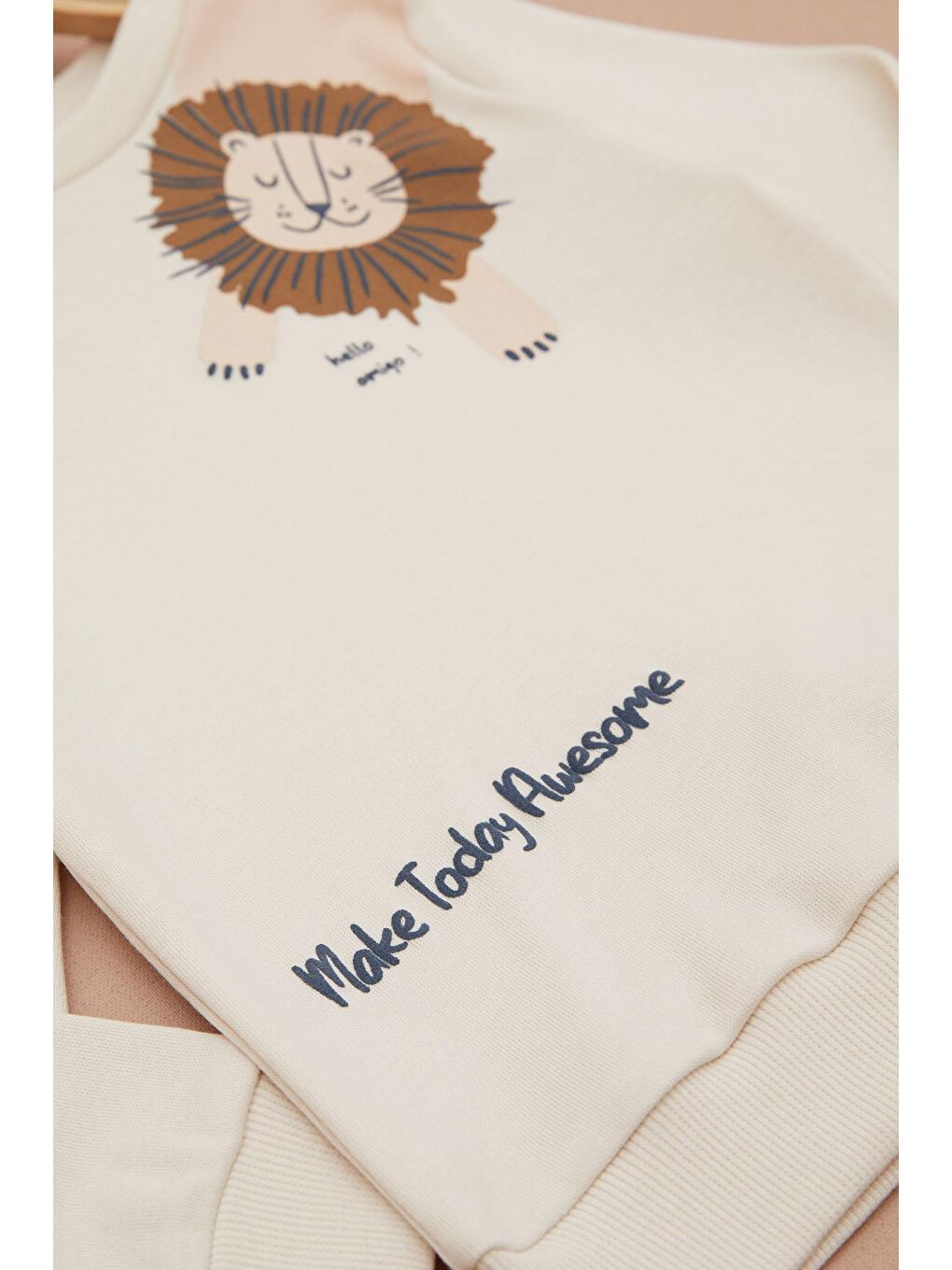 Ekru Krem Aslan Baskılı Yazılı Erkek Bebek Takımı 17395-2