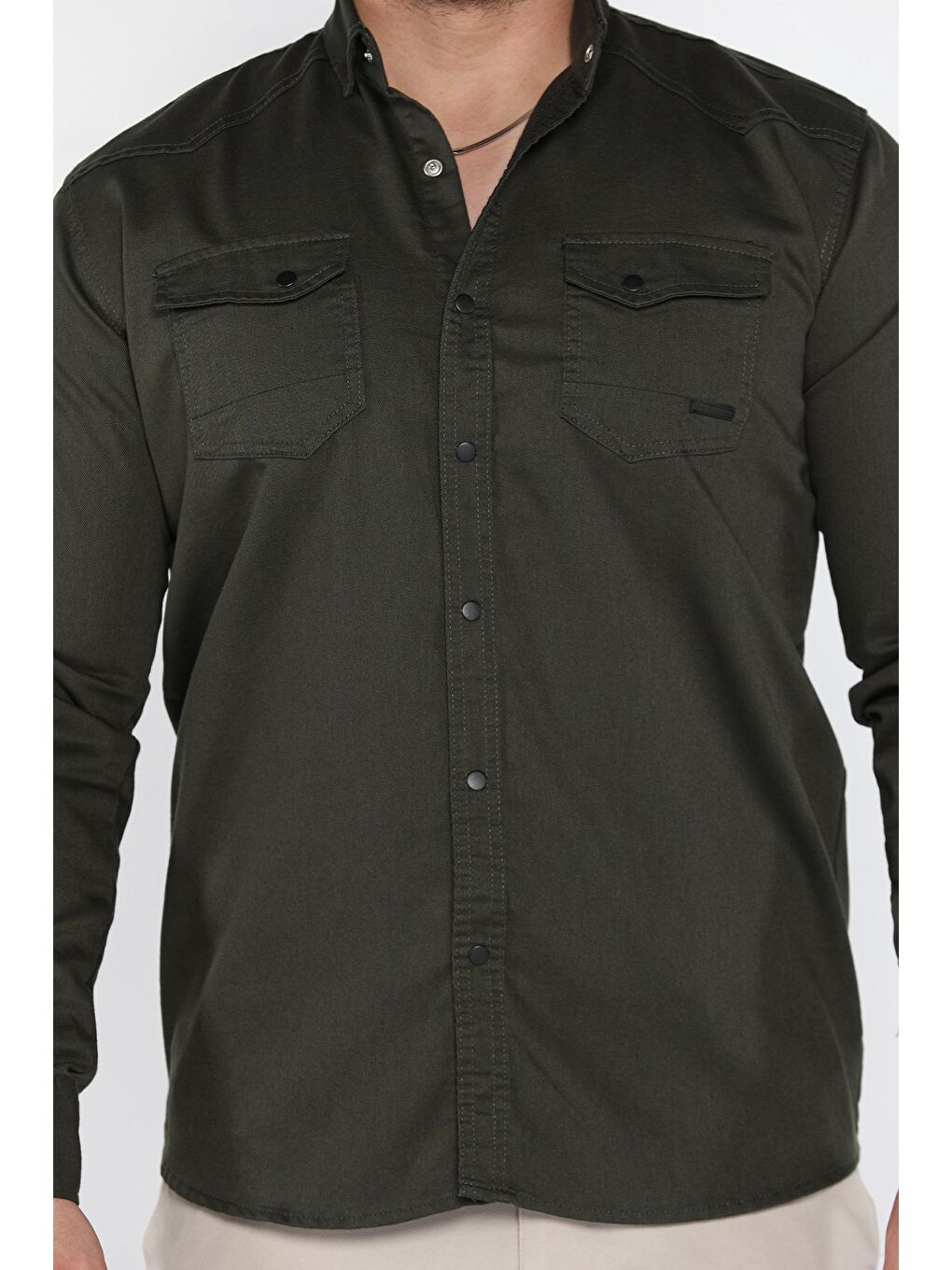 Haki Erkek Cepli Çıtçıtlı Uzun Kol Gömlek-3