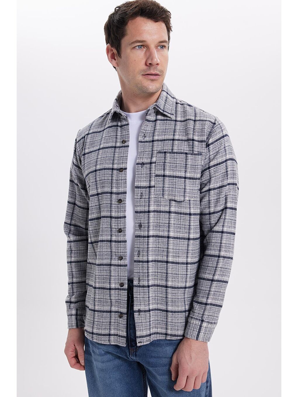 Gri Erkek Regular Fit Rahat Kesim Kışlık Kareli Oduncu Gömlek-4