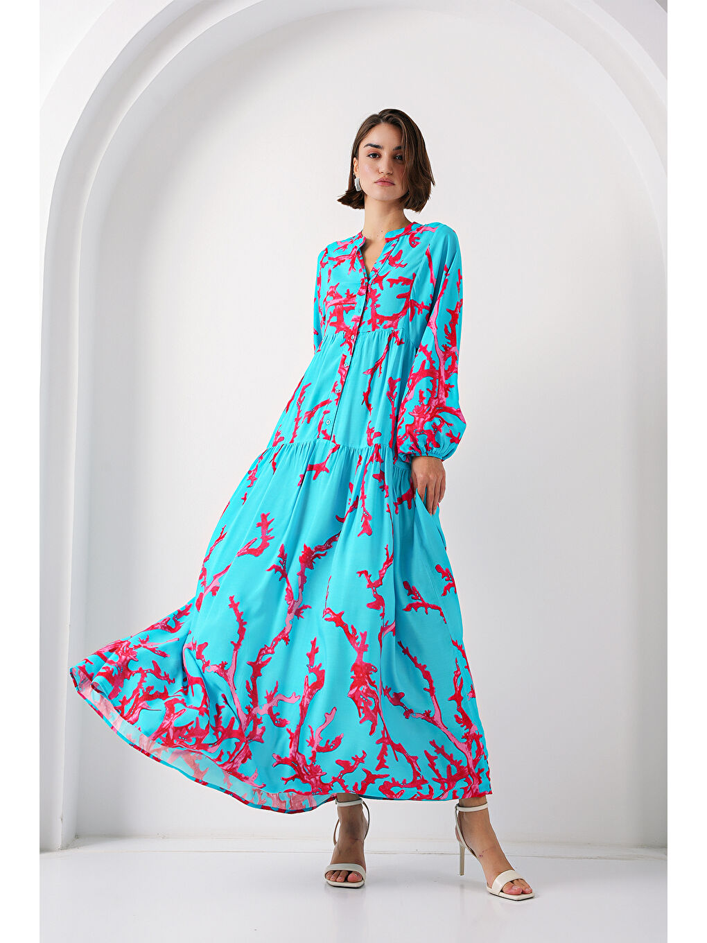 2423 Otantik Desenli Tesettür Elbise - Buz Mavi-1