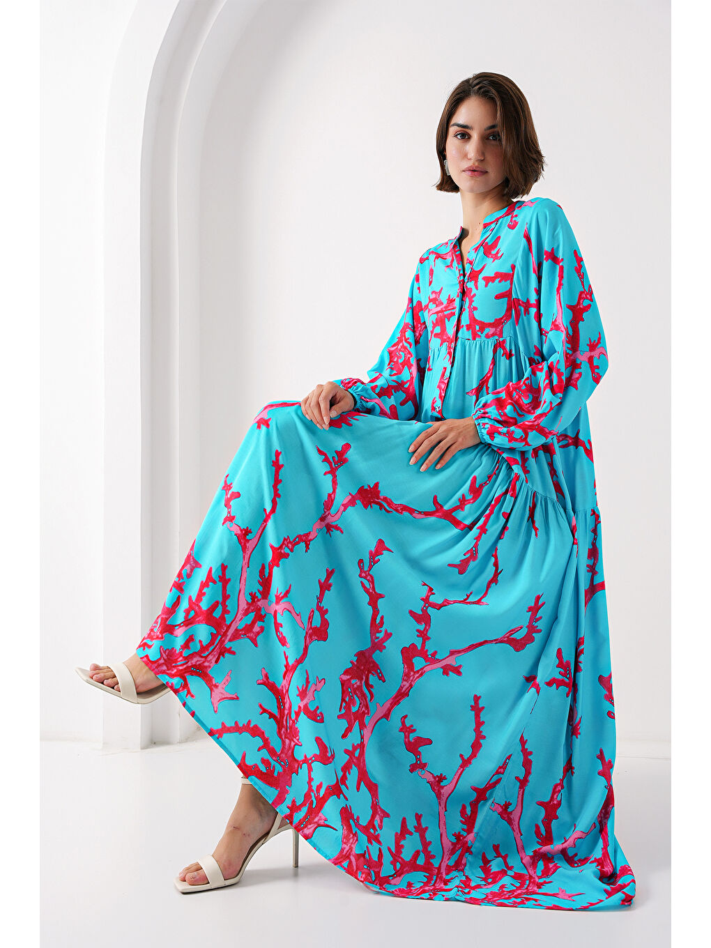 2423 Otantik Desenli Tesettür Elbise - Buz Mavi-2